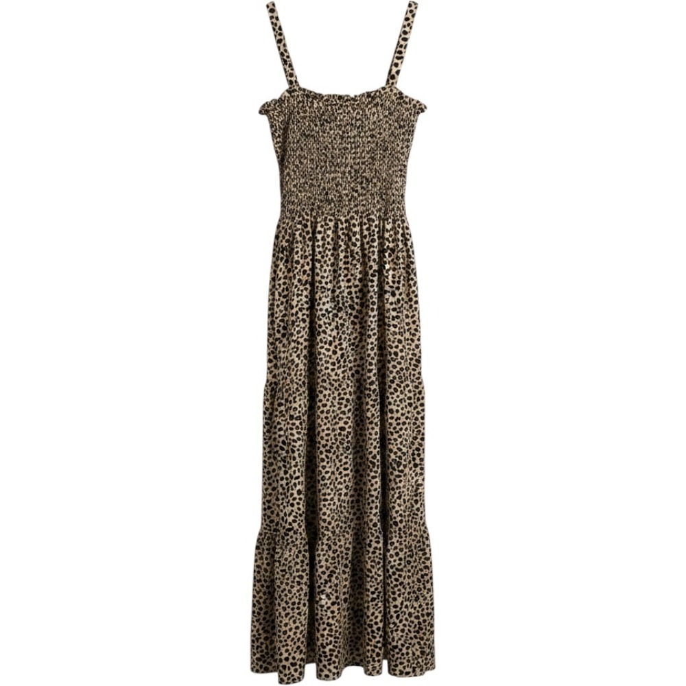Leopard Print Smocked Tiered Maxi Dress Sleeveless Animal Print XL